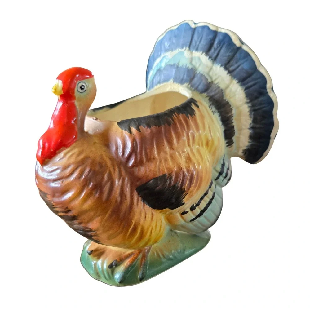 Vintage Relpo Ceramic Turkey Planter Thanksgiving Decor Hand Painted Mid Century